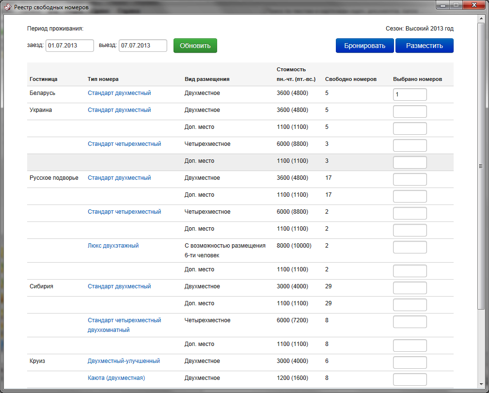 Реестр свободных номеров